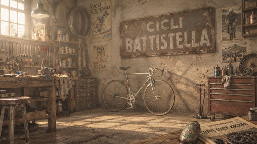 Officina meccanica con bicicletta vintage da corsa d'epoca restaurata